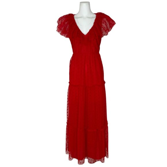 Tuckernuck Tulle Giselle Gown Dress M Red Maxi Ruffle Tiered V-Neck Lace NEW - Picture 1 of 13